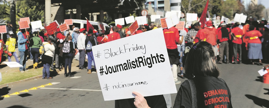 BLACK FRIDAY PICKET Journalists join the protest against the SABC’s controversial editorial policies outside Auckland Park, Johannesburg, in July.  Picture: Gallo images/ Felix Dlangamandla 