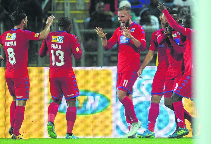 SuperSport’s Jeremy Brockie (No 11) celebrates his goal during their match against Maritzburg United. Photo by Backpagepix