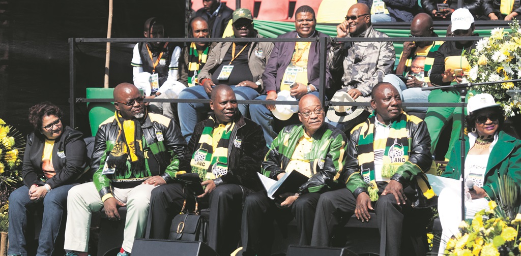 THE TOP SIX ANC leaders at the Siyanqoba rally at Ellis Park Stadium, Johannesburg, ahead of last week’s elections. From left: Jessie Duarte, Gwede Mantashe, Zweli Mkhize, Jacob Zuma, Cyril Ramaphosa and Baleka Mbete Picture: Thapelo Maphakela 