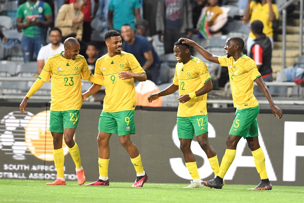 Lyle Foster of South Africa  celebrates with teammates during the 2023 Africa Cup of Nations qualifier match between South Africa and Liberia at Orlando Stadium on March 24, 2023 in Johannesburg, South Africa.