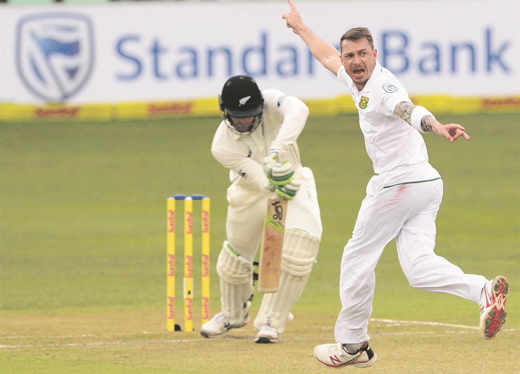 Dale Steyn celebrates the wicket of New Zealand’s Martin Guptill during the 1st Sunfoil International test match a at Kingsmead yesterday. Play was suspended then abandoned after the heavens opened up.  Picture: Lee Warren / Gallo Images 