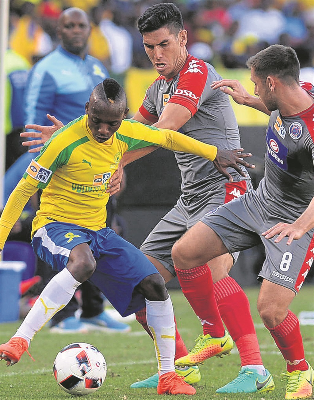 Khama Billiat (left) of Mamelodi Sundowns takes on two Supersport players, Michael Boxall and Dean Furman, in their MTN8 match at Loftus stadium. Photo by  Trevor Kunene 