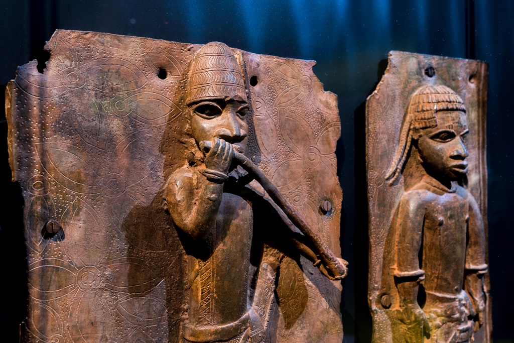 Sculptures looted by British soldiers from the Kingdom of Benin in 1897 hangs on display in the "Where Is Africa" exhibition at the Linden Museum on May 05, 2021 in Stuttgart, Germany. (Photo by Thomas Niedermueller/Getty Images)
