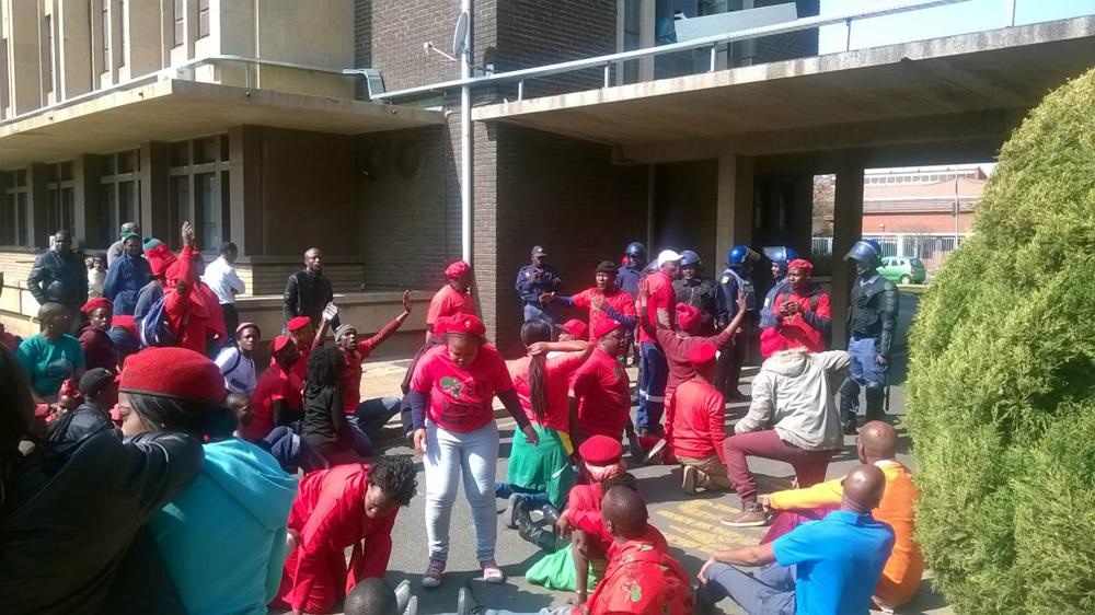 EFF members protesting outside the Vereeniging Civic Hall during the inaugural council sitting recently. 