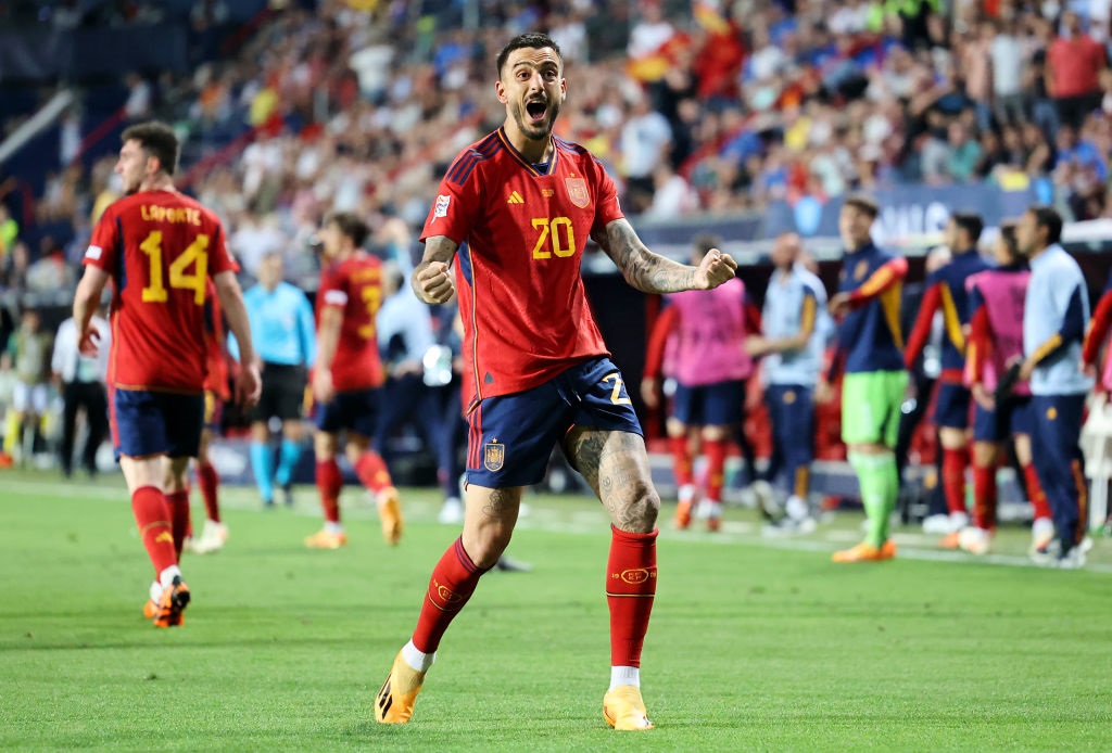 ENSCHEDE, NETHERLANDS - JUNE 15: Joselu of Spain celebrates after scoring the teams second goal during the UEFA Nations League 2022/23 semi-final match between Spain and Italy at FC Twente Stadium on June 15, 2023 in Enschede, Netherlands. (Photo by Christof Koepsel/Getty Images)