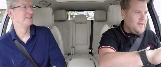 Apple event starts off with Tim Cook and James Corden in carpool karaoke.