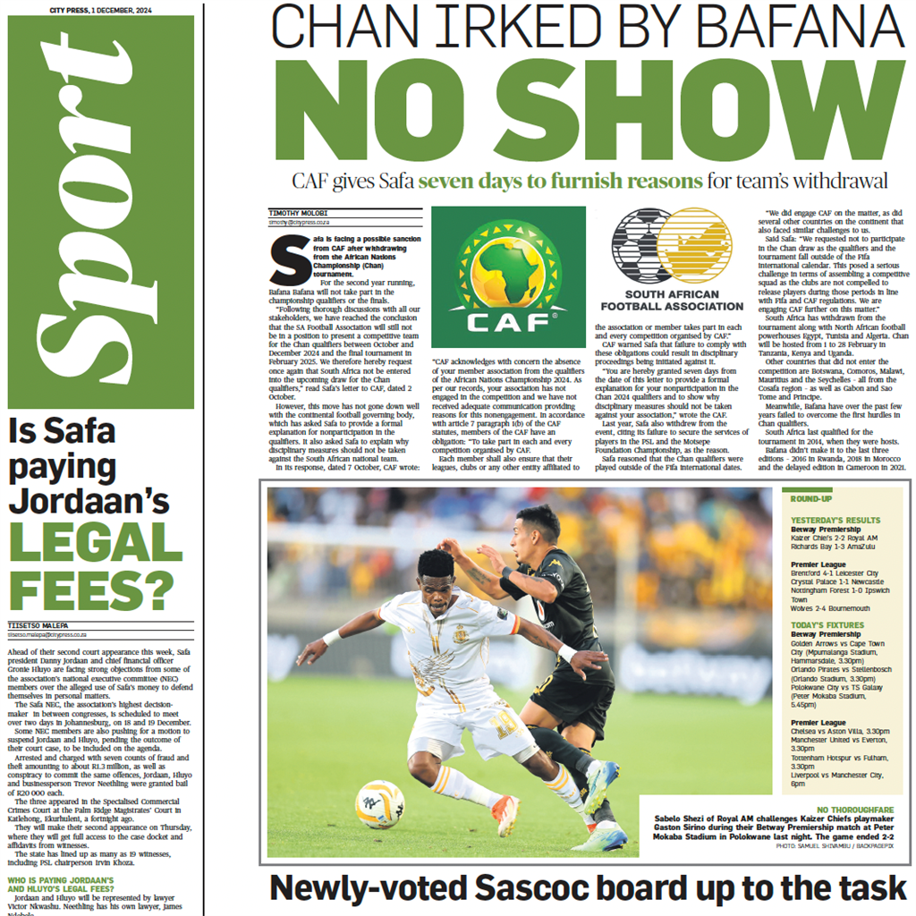 What's in City Press Sport | Chan upset over Bafana no-show and is