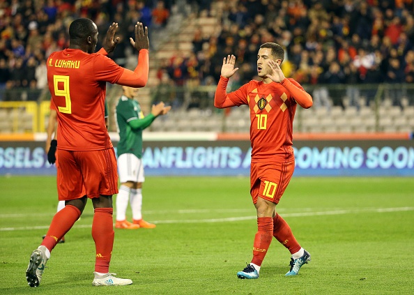  Eden Hazard of Belgium celebrates his goal with Romelu Lukaku (left) during the international friendly match between Belgium and Mexico 