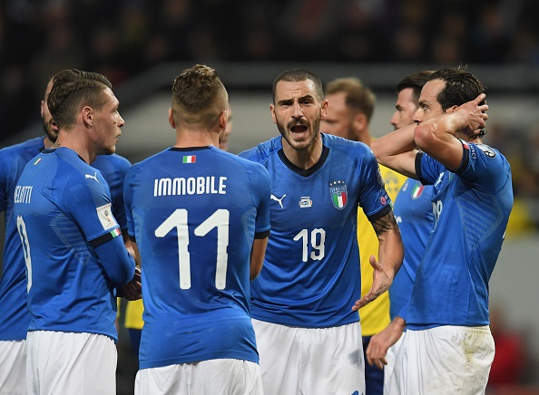 Leonardo Bonucci of Italy (C) reacts during the FIFA 2018 World Cup Qualifier Play-Off against Sweden
