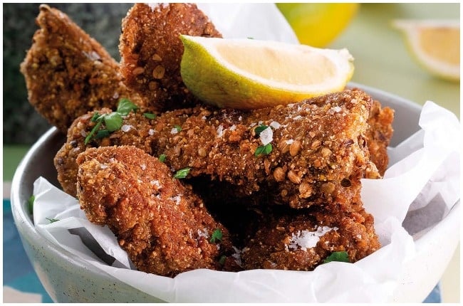 Crumbed liver strips.