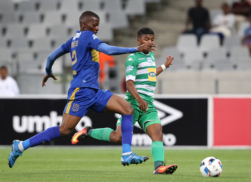 Thamsanqa Mkhize of Cape Town City FC and Lyle Lakay of Bloemfontein Celtic during the 2016 Telkom Knockout, Last 16 match between Cape Town City FC and Bloemfontein Celtic at Cape Town Stadium on October 19, 2016 in Cape Town, South Africa.