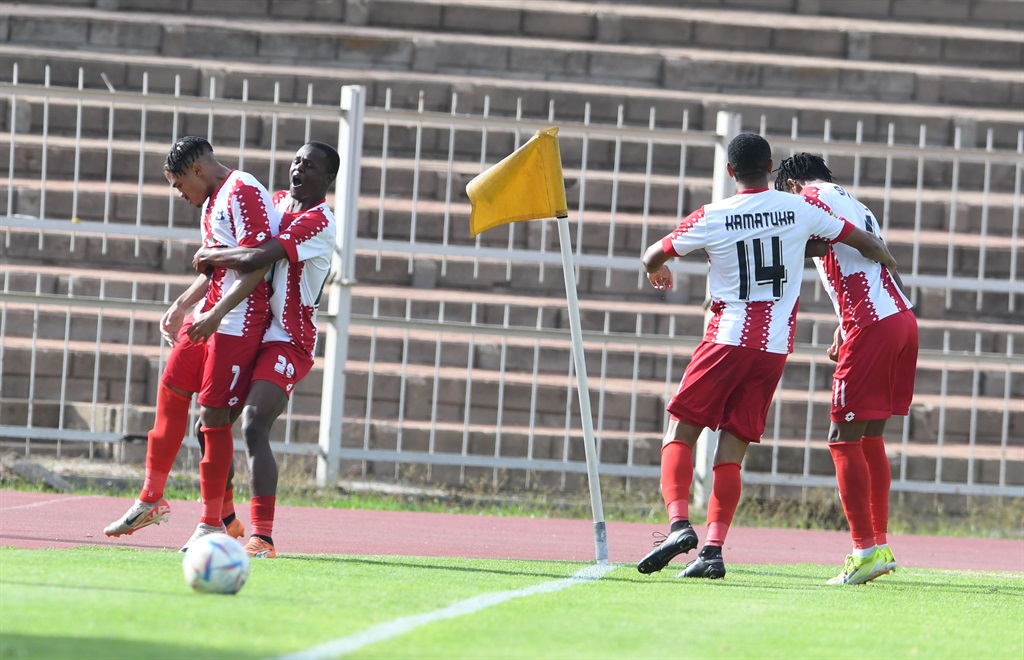 POLOKWANE, SOUTH AFRICA - APRIL 27: Maritzburg United players celebrates their opening goal during the Motsepe Foundation Championship match between Magesi FC and Maritzburg United at Old Peter Mokaba Stadium on April 27, 2024 in Polokwane, South Africa. (Photo by Philip Maeta/Gallo Images)