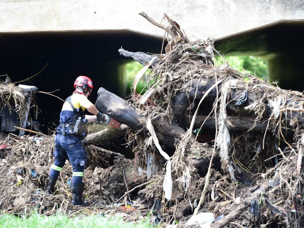 Rescue worker cutting trees with chainsaw to clear