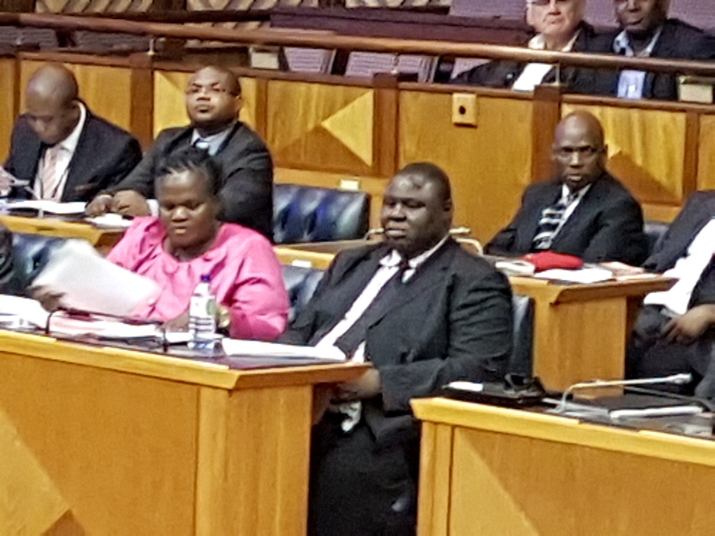  Seating arrangement at Parliament: Communications Minister Faith Muthambi and SABC board chairperson Mbulaheni Obert Mahuvhe (front) with Hlaudi Motsoeneng, who arrived uninvited (behind). PHOTO: Janet Heard  