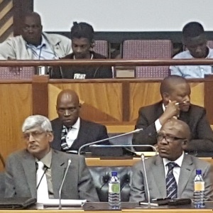 SABC board members Krish Naidoo and Vusi Mavuso (front) after announcing their resignations. Hlaudi Motsoeneng sits behind them. (Paul Herman / News24)