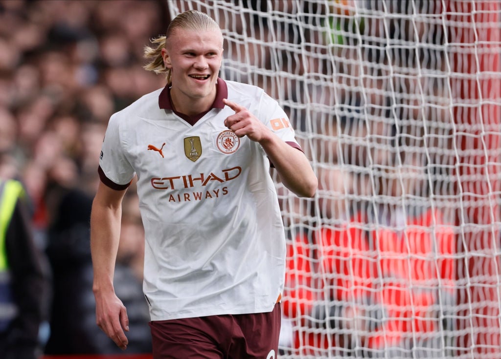 NOTTINGHAM, ENGLAND - APRIL 28: Erling Haaland of Manchester City celebrates 2nd goal during the Premier League match between Nottingham Forest and Manchester City at City Ground on April 28, 2024 in Nottingham, England. (Photo by Richard Sellers/Sportsphoto/Allstar via Getty Images)