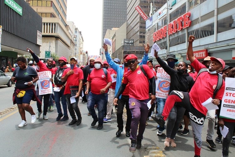 Clover workers, who have been on strike for nearly nine weeks, marched through Johannesburg city centre on Tuesday, calling for a boycott of the company’s products. Photo: Supplied