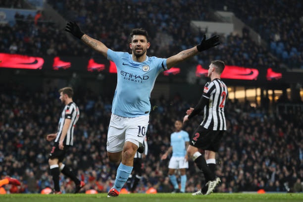 Sergio Aguero of Manchester City celebrates after scoring a goal