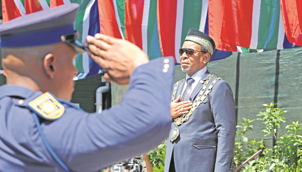 King Goodwill Zwelithini listens to the national anthem at the official opening of the KwaZulu-Natal legislature at the Royal Show grounds on Tuesday. 