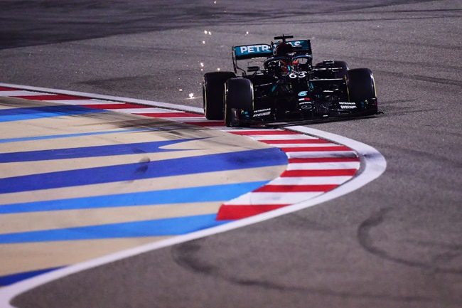 George Russell of Great Britain driving the (63) Mercedes AMG Petronas F1 Team Mercedes W11 on track during qualifying ahead of the F1 Grand Prix of Sakhir at Bahrain International Circuit on December 05, 2020 in Bahrain, Bahrain. (Photo by  - Pool/Getty Images)