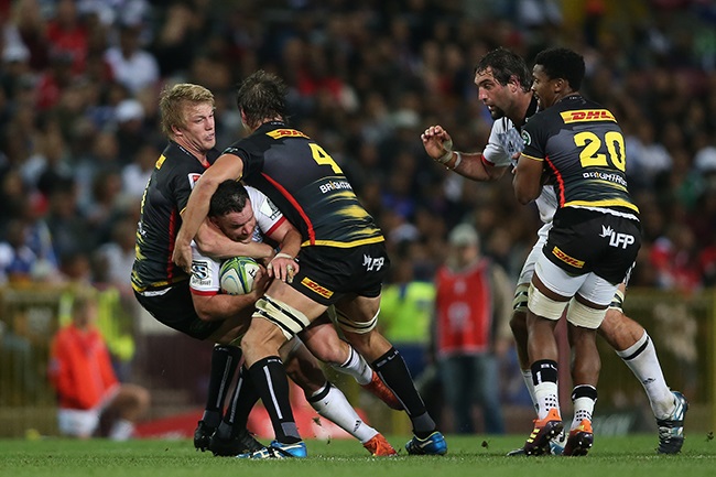 Stormers duo Pieter-Steph du Toit and Eben Etzebeth tackle Ryan Crotty of the Crusaders in a Super Rugby match at Newlands on 18 May 2019. (Photo by Shaun Roy/Gallo Images)