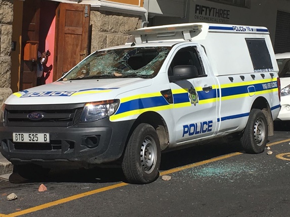A smashed police van. (Supplied)