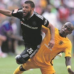 Riyaad Norodien of Orlando Pirates is tackled by Sibusiso Khumalo of Kaizer Chiefs during the Soweto derby played in Johannesburg.(Lee Warren, Gallo Images)