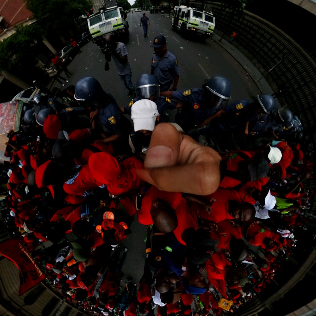 A 360-degree shot of EFF protesters approaching a police line while two Nyalas hover in the background. Picture: Muhammad Hussain