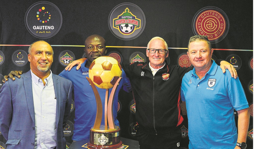 Bidvest Wits coach Gavin Hunt (right), Highlands Park coach Gordon Igesund, Kaitano Tembo of SuperSport United and Ivor Hoff from the Gauteng Department of Sport.  Photo by Themba Makofane 