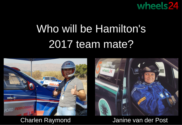 <B>FOR THE HECK OF IT:</B> Wheels24's Charlen Raymond and Janine van der Post 'applies' to be Lewis Hamilton's team mate in 2017. <I>Image: Wheels24</I>