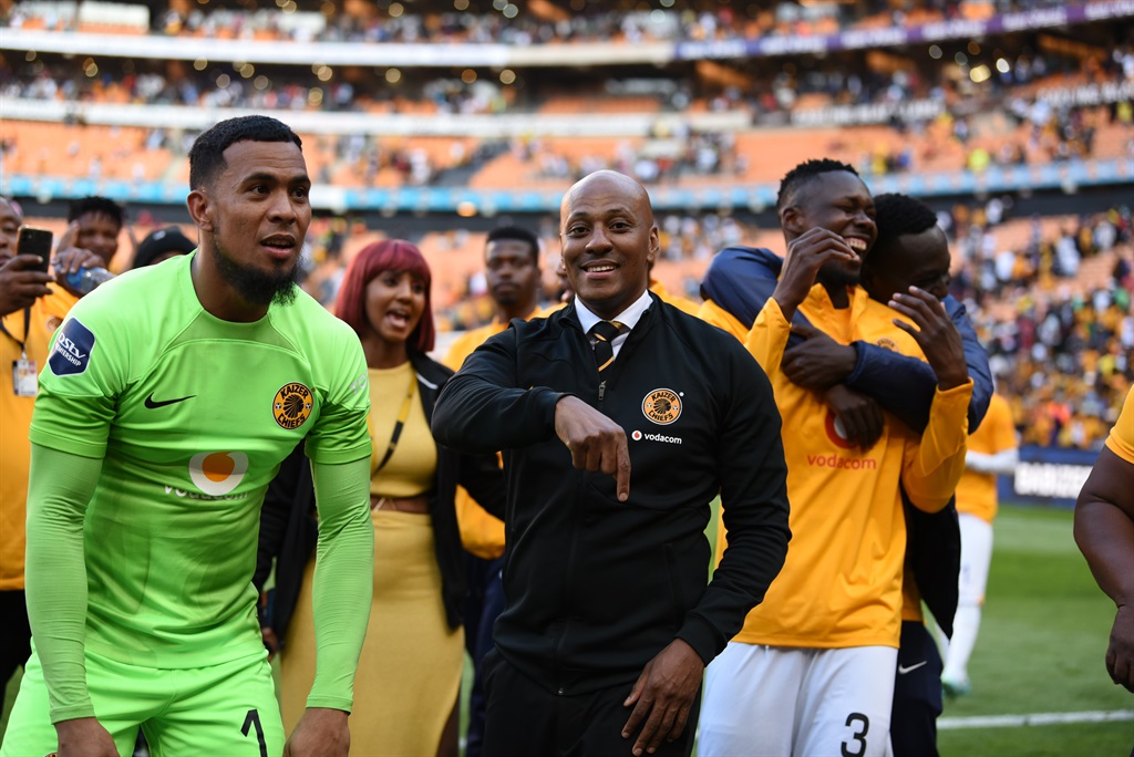 Brandon Peterson and Kaizer Motaung jnr of Kaizer Chiefs celebrates during the DStv Premiership match between Orlando Pirates and Kaizer Chiefs at FNB Stadium on October 29, 2022 in Johannesburg, South Africa. 
