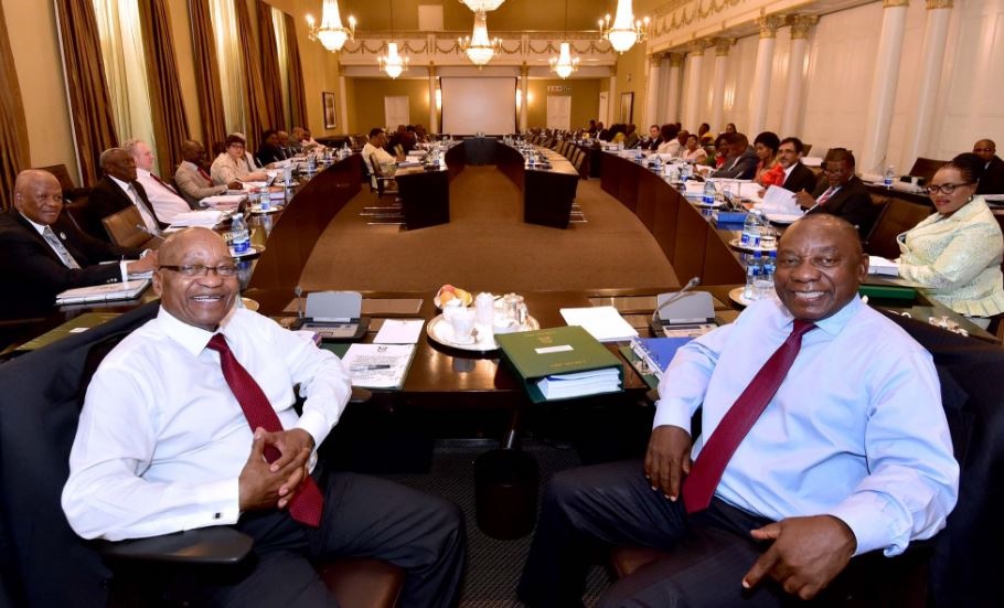 Jacob Zuma and Cyril Ramphosa with ministers and deputies at Wednesday’s cabinet committees meeting. 