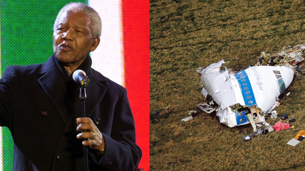 Nelson Mandela on stage in London in 2001, and wreckage near the town of Lockerbie. (Getty)