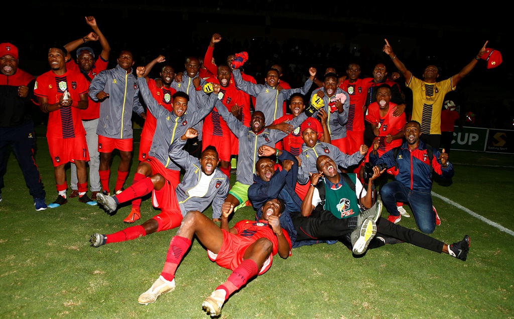 TS Galaxy players celebrate their win against Golden Arrows to secure a Nedbank Cup Final against Kaizer Chiefs next month.