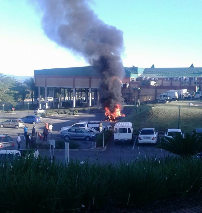 A Ford Figo on fire outside the Mediclinic in Nelspruit, Mpumalanga. The cause of the fire is unknown. 
Picture: Youtube