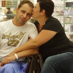 Daniel de Wet and his wife Lizl on day 15 of his 19-day recovery at Netcare Milpark Hospital. Mr De Wet was impaled by a metal industrial crowbar while working at a gold mine near Carletonville, Gauteng.