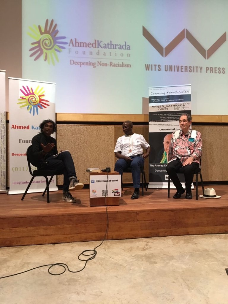  Niren Tolsi in conversation with former justices Albie Sachs and Dikgang Moseneke at the launch of their autobiographies.  Picture: Zahra Abba Omar  