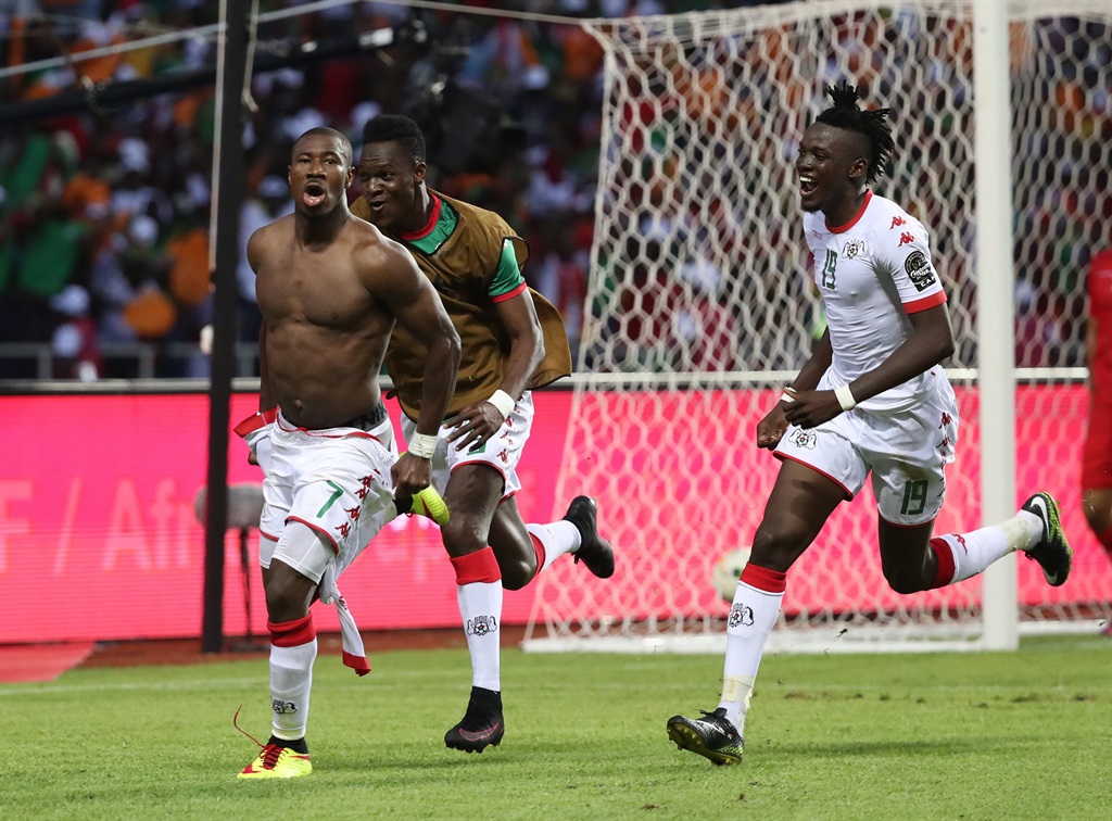 Prejuce Nakoulma of Burkina Faso (left) celebrates his goal during the quarterfinal match between Burkina Faso and Tunisia in Libreville, Gabon. Picture: Gavin Barker/EPA 