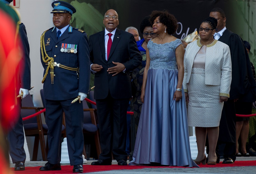 Jacob Zuma arrives at the opening of Parliament to deliver his state of the nation address. Next to him is Parliament’s speaker, Baleka Mbete.  Picture: Jaco Marais 