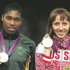 Caster Semenya alongside Mariya Savinova-Farnosova of Russia at the 2012 London Olympic Games. (Clive Brunskill, Getty Images)