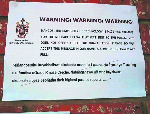 Mangosuthu University of Technology has issued a warning about a fake message circulating on WhatsApp. 