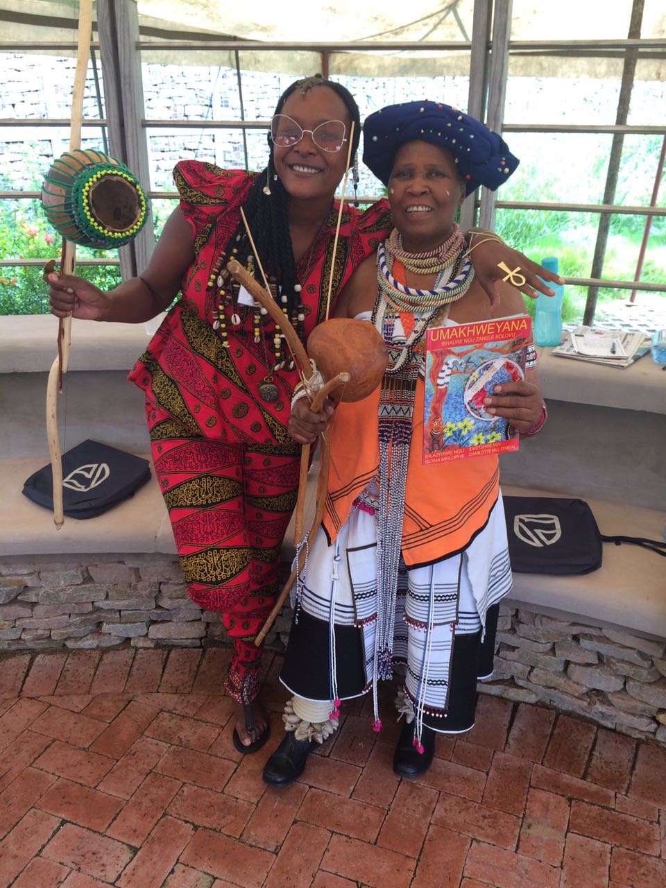 Zanele Ndlovu with the legendary Latozi ‘Madosini’ Mphahleni at the Puku Story Festival in Grahamstown last week. Both artists play indigenous African musical instruments and are avid storytellers. Picture: Supplied