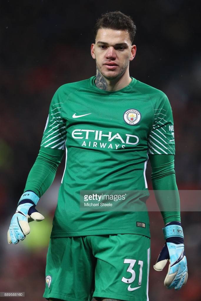 Ederson of Manchester City back tattoos during the Premier League match at  Old Trafford, Manchester. Picture date: 24th April 2019. Picture credit  should read: Andrew Yates/Sportimage via PA Images Stock Photo -