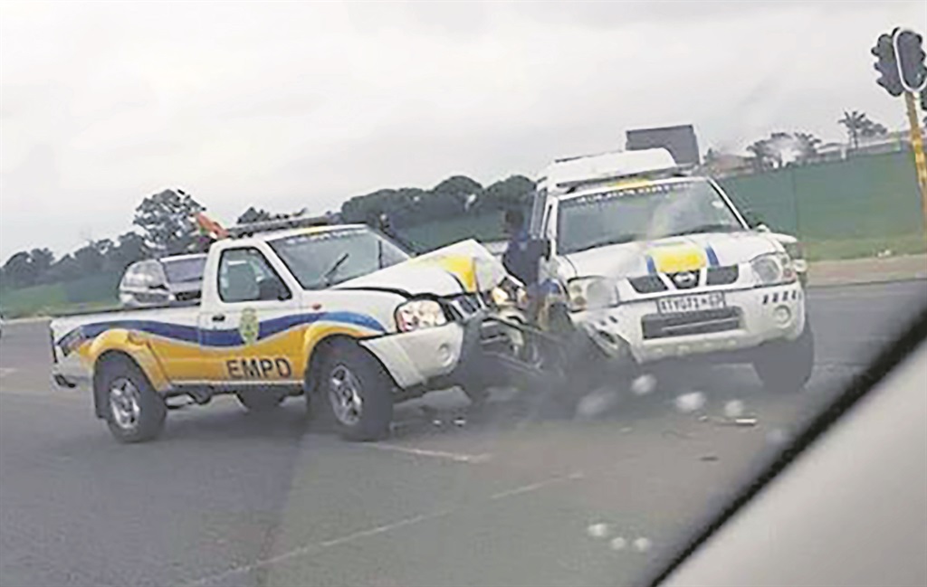 Two Metro police vehicles collided on North Rand Road in Boksburg, Ekurhuleni on Friday.                              Photo from Facebook
