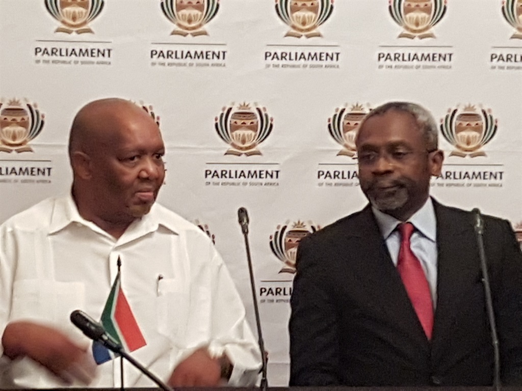 Deputy speaker of the National Assembly, Lechesa Tsenoli, and Nigerian House of Representatives leader Femi Gbajabiamila hold a press briefing after finding common ground in a bid to ease tension between the two countries. Picture: Janet Heard