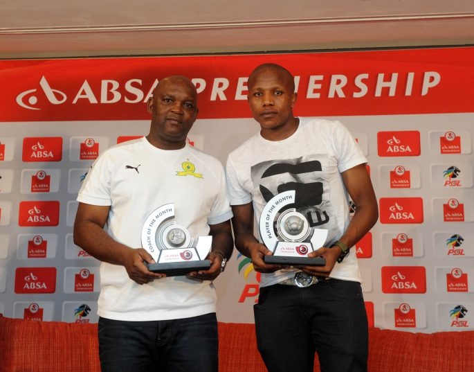 Pitso Mosimane coach of Mamelodi Sundowns and Lebogang Manyama of Cape Town City with Coach and Player of the Month awards at PSL Offices. 