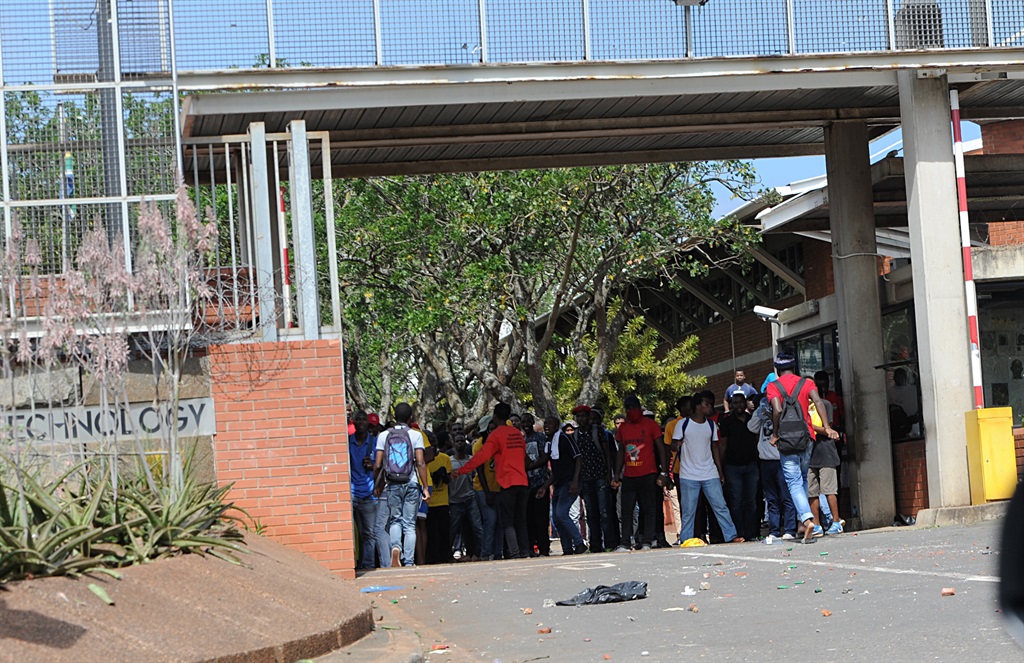 Angry Mangosuthu University of Technology students protesting outside the campus.  Photo by Jabulani Langa