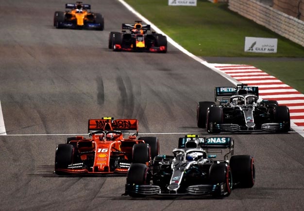 (From L) Ferrari's Monegasque driver Charles Leclerc, Mercedes Finnish driver Valtteri Bottas and Mercedes British driver Lewis Hamilton steer their cars during the Formula One Bahrain Grand Prix at the Sakhir circuit in the desert south of the Bahraini capital Manama, on March 31, 2019. Picture: AFP /  Andrej Isakovic