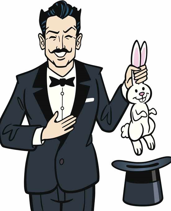 Magician pulling bunny out of hat by his ears