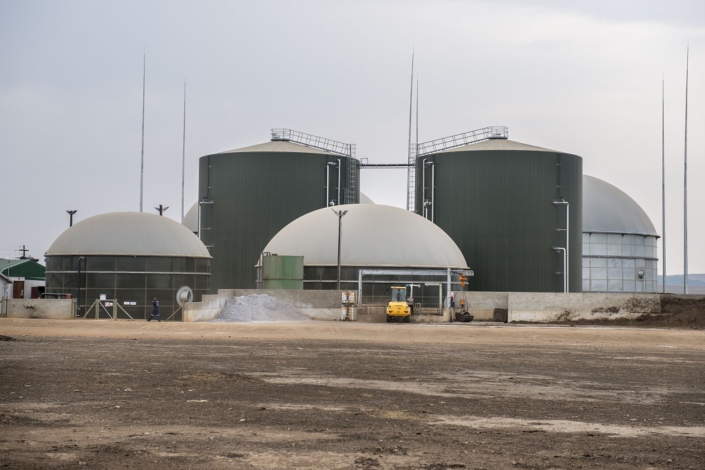 A biogas plant converts waste to energy.
